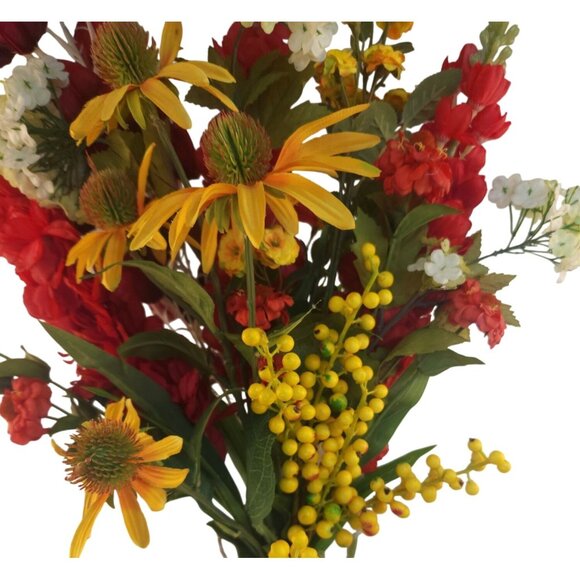 Vibrant Artificial 10-Stem Mixed Floral Bunch W/ Red Yellow & White Blooms - Picture 8 of 16